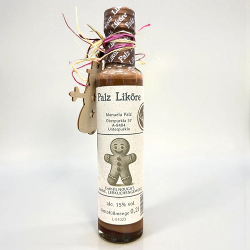 Lebkuchen Likör 0,2 l – cremiger Weihnachtslikör mit Nougat, Sahne & Lebkuchengewürz, handgemacht von Palz Liköre, Geschenk mit Holzdeko, Dreizack Wien