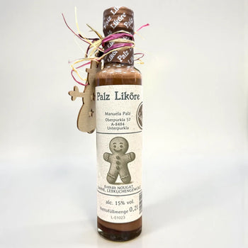 Lebkuchen Likör 0,2 l – cremiger Weihnachtslikör mit Nougat, Sahne & Lebkuchengewürz, handgemacht von Palz Liköre, Geschenk mit Holzdeko, Dreizack Wien