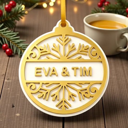 Personalisierbares Weihnachtsornament Schneeflocke – 3D-gedruckt aus PLA, mit Namen, handgemacht in Wien, nachhaltige Weihnachtsdeko von Dreizack