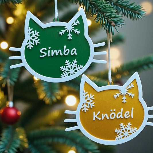 Personalisierbarer Christbaum-Anhänger Katze – 3D-gedrucktes Ornament aus PLA, mit Wunschnamen, handgemacht in Wien, nachhaltige Weihnachtsdeko von Dreizack