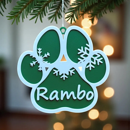 Hunde Weihnachtsornament Pfote – 3D-gedruckter Anhänger mit Wunschnamen, handgemacht aus PLA in Wien, nachhaltige Weihnachtsdeko für Hundeliebhaber