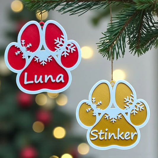 Hunde Weihnachtsornament Pfote – 3D-gedruckter Anhänger mit Wunschnamen, handgemacht aus PLA in Wien, nachhaltige Weihnachtsdeko für Hundeliebhaber