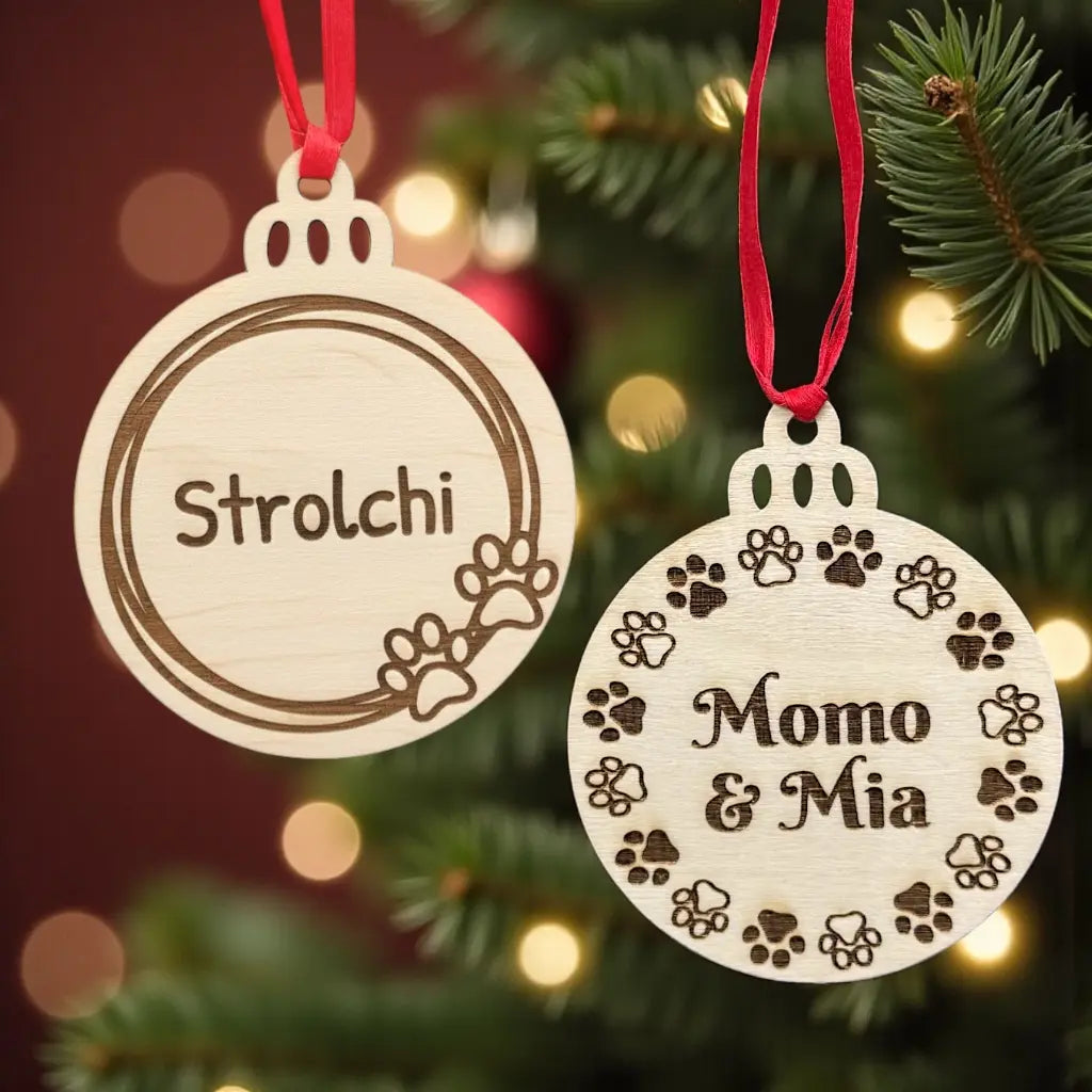 Personalisierbares Holz Weihnachtsornament mit Gravur für haustiere  – Christbaumkugel flach 8,9 cm, 5 Designs