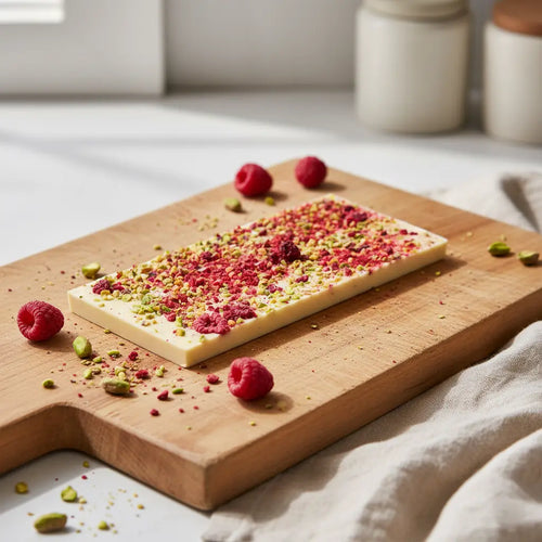 Schokoriegel Pistazie & Himbeere | Love In A Box – Handgemachte weiße Schokolade