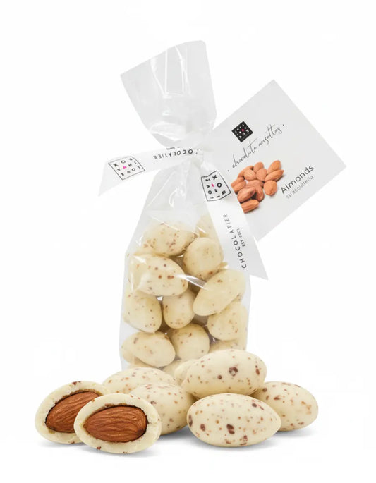 Schoko-Mandeln Stracciatella – geröstete Mandeln mit weißer & dunkler Schokolade, 150 g, handgemacht von Love In A Box Chocolatier