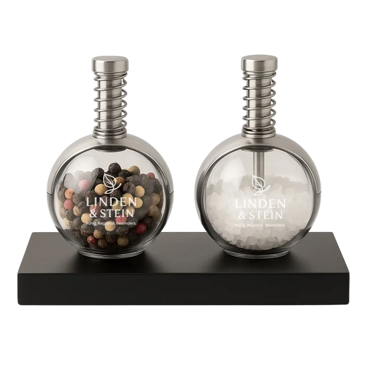 Salz- & Pfeffermühlen-Set im Planet-Design mit Holzbasis – Glas & Edelstahl, einhändig bedienbar, personalisierbar bei Dreizack Wien