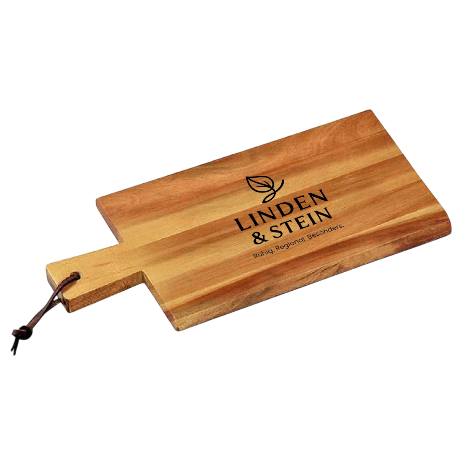 Gravierbares Schneidbrett aus Akazienholz mit Griff und Lederband – FSC-zertifiziert, 35×18 cm, personalisiert bei Dreizack Wien