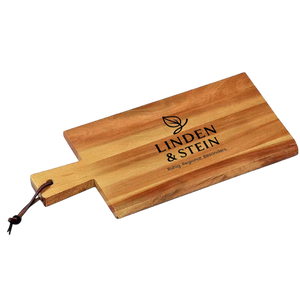 Gravierbares Schneidbrett aus Akazienholz mit Griff und Lederband – FSC-zertifiziert, 35×18 cm, personalisiert bei Dreizack Wien