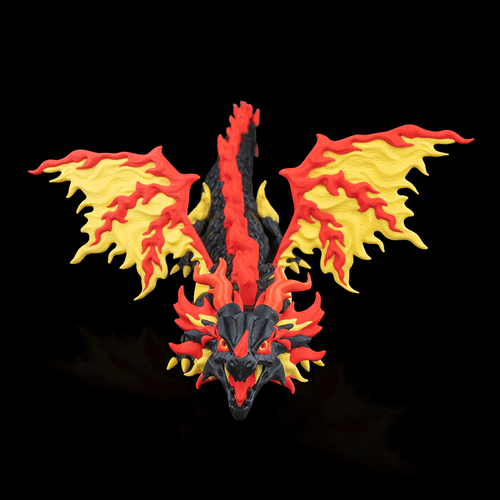 Flexodrache „Ignis“: Premium 3D-Druck Drachenmodell, 51 cm, in Schwarz mit Rot- und Goldakzenten, Flammenoptik. Beweglich, nachhaltig aus PLA, 100 % in Wien gefertigt.
