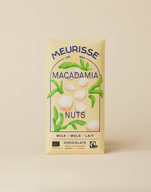 Meurisse Bio-Vollmilchschokolade mit 39 % Kakao & Macadamianüssen – belgische Fairtrade-Schokolade, plastikfrei verpackt