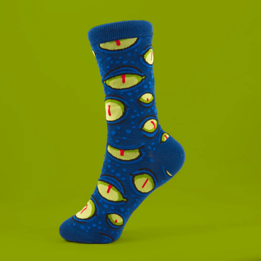 Neophobica Monster Eyes Socken, freches Monster-Augen-Design in knalligen Farben, bequem und langlebig aus hochwertiger Baumwollmischung, inspiriert von den Illustrationen von Carina Salchegger.