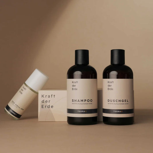 TerraH Frauen-Pflegeset mit Duschgel, Shampoo und Deo Roll-On. Hochwertige Naturkosmetik mit Humus-Extrakten und dem Duft "La vie en Rose" für natürliche Pflege und Frische.