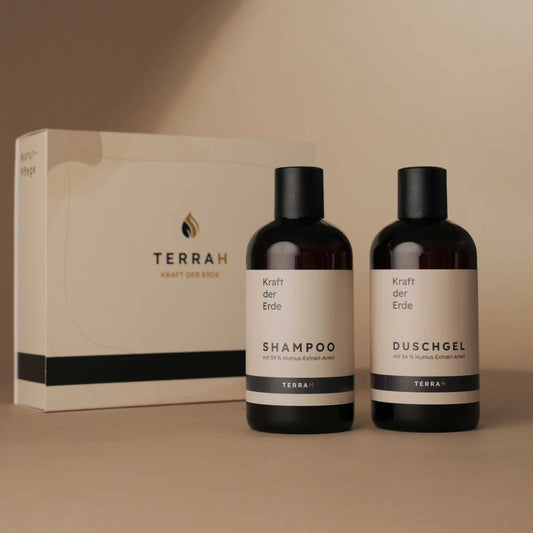 TerraH Frauen-Pflegeset mit Duschgel und Shampoo. Natürliche Pflegeprodukte mit Humus-Extrakten und der rosigen Duftnote "La vie en Rose" in einer hochwertigen Geschenkbox.