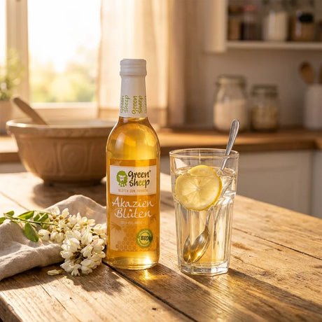 Eine Glasflasche mit hellem Akazienblüten Sirup der Marke Green Sheep, umringt von zarten Akazienblüten und Blättern.