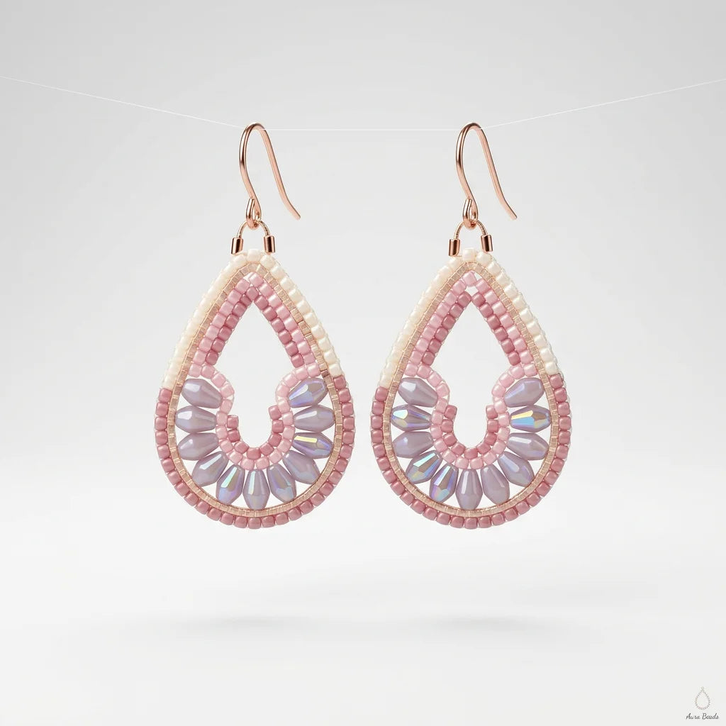 Handgeknüpfte Ohrringe aus rosa und lila Glasperlen mit rosegold gefärbten Haken.