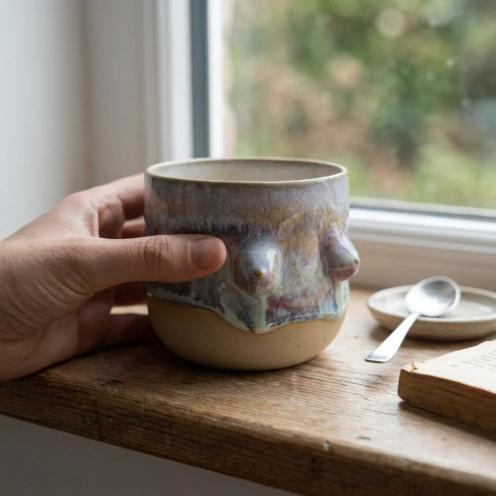 Handgetöpferter Keramikbecher mit reliefartigen Brüsten in natürlicher Glasur, sichtbare organische Formgebung und matter Farbverlauf.