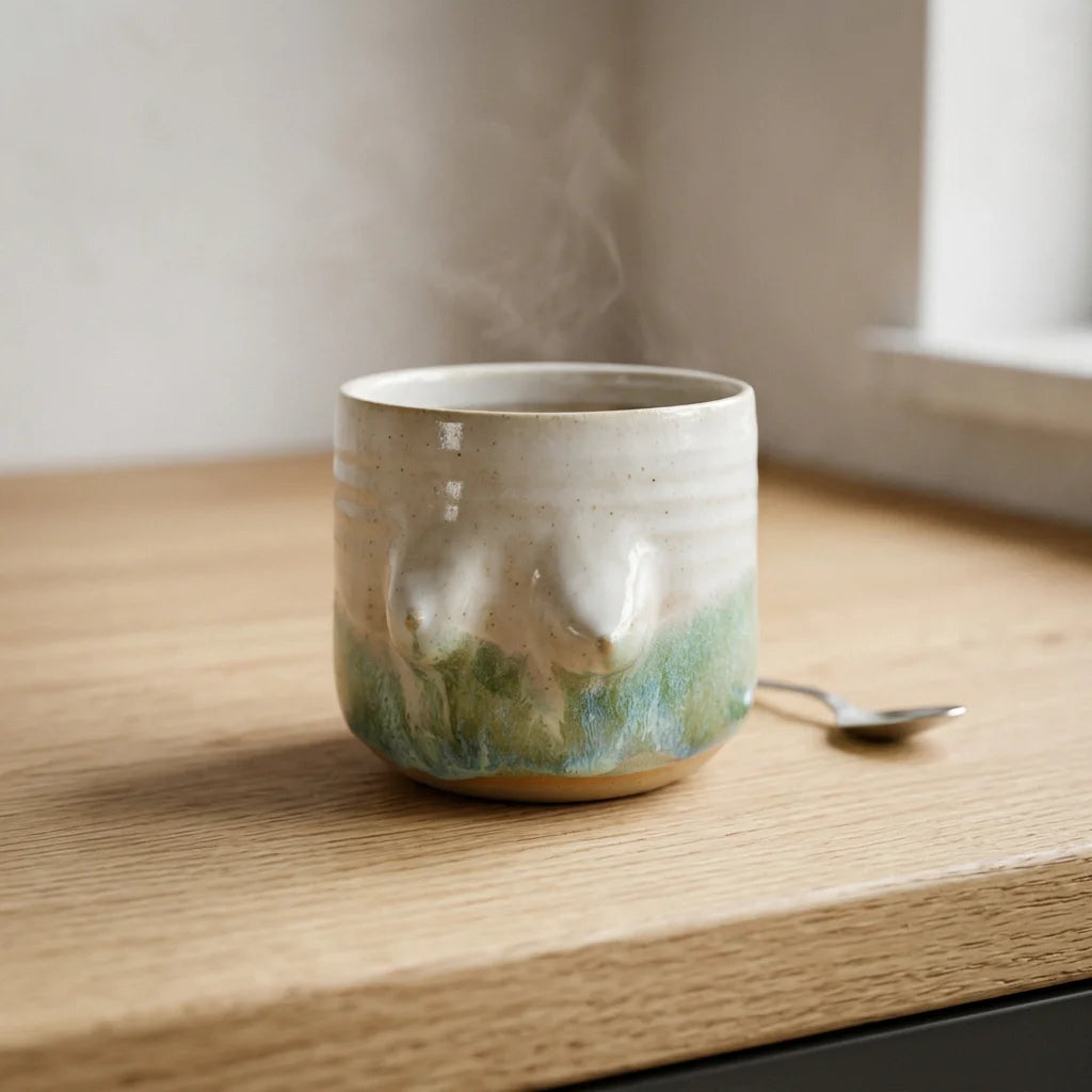 Handgetöpferter Keramikbecher mit weiblichen Brustformen und matter Glasur in natürlichen Farbtönen.