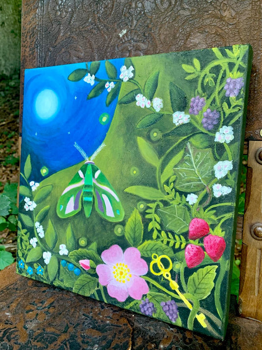 Original Acrylgemälde „Schlüssel zu meinem Herzen“ mit Mond, Motte, Waldszene und symbolischem Bartschlüssel auf 40×40 cm Leinwand von Book Fairy Art