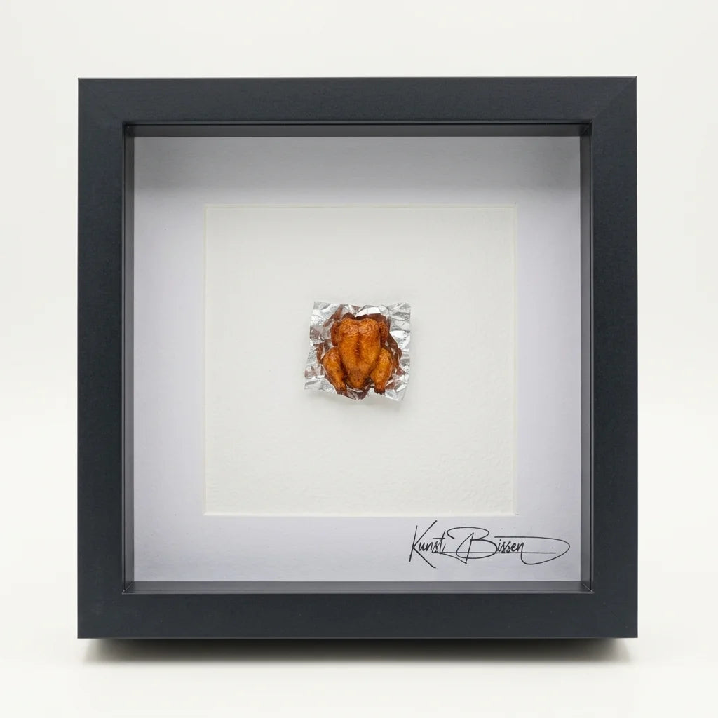 Miniatur eines gebratenen Huhns auf Alufolie, handmodelliert aus Polymer Clay mit Acrylfarben und Epoxidharz-Glasur, in schwarzem Echtholzrahmen mit Passepartout.