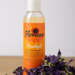 Bio-Duschgel mit Malventinktur & Orangenöl, handgemachte Naturkosmetik aus Demeter-Kräutergarten, sanfte Pflege für sensible Haut, 200 ml.