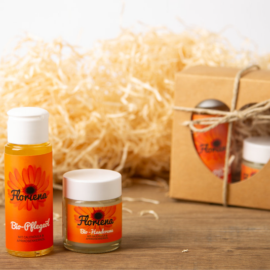 Handgemachtes Bio-Geschenkpaket von Floriena mit Pflegeöl & Handcreme, nachhaltig verpackt, Demeter-zertifizierte Naturkosmetik aus Österreich.