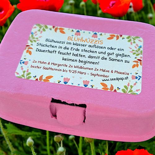 Blühwuzzis von Seedpap, nachhaltige Saatkugeln in pastellfarbener Eierschachtel, mit Wildblumen & Sonnenblumen, ideal für Ostern, Garten & Geschenkideen.

