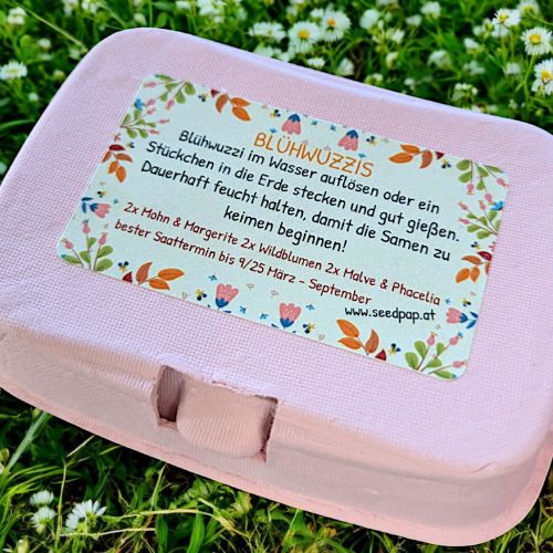 Blühwuzzis von Seedpap, nachhaltige Saatkugeln in pastellfarbener Eierschachtel, mit Wildblumen & Sonnenblumen, ideal für Ostern, Garten & Geschenkideen.

