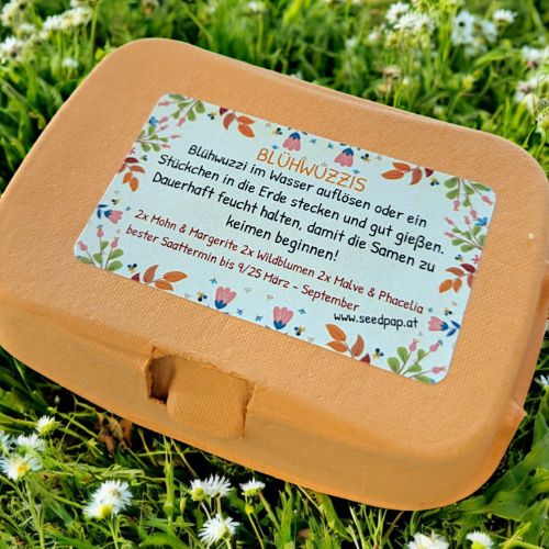 Blühwuzzis von Seedpap, nachhaltige Saatkugeln in pastellfarbener Eierschachtel, mit Wildblumen & Sonnenblumen, ideal für Ostern, Garten & Geschenkideen.
