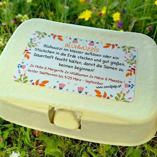 Blühwuzzis von Seedpap, nachhaltige Saatkugeln in pastellfarbener Eierschachtel, mit Wildblumen & Sonnenblumen, ideal für Ostern, Garten & Geschenkideen.