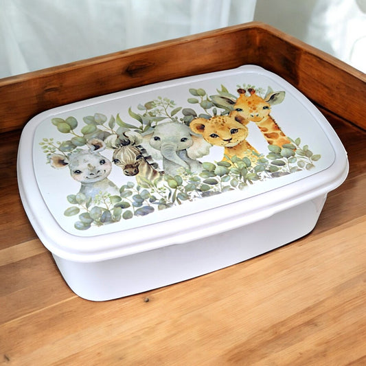 Handfolierte Brotdose mit Tiermotiven von SabrinArtDesign, Jausenbox mit Nilpferd, Zebra, Elefant, Leopard & Giraffe, nachhaltige Lunchbox für Schule