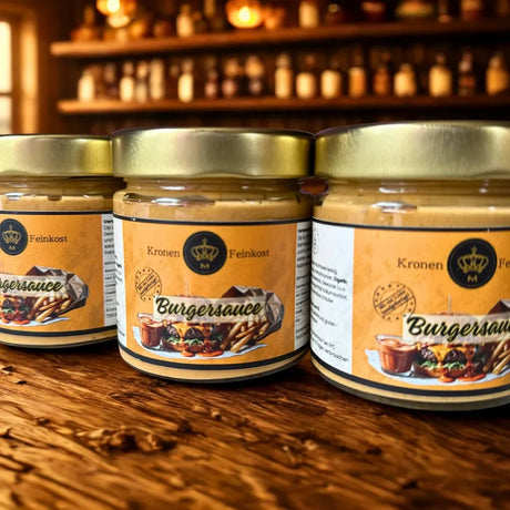 Glasflasche mit cremiger, orangeroter Burgersauce von Kronenfeinkost.