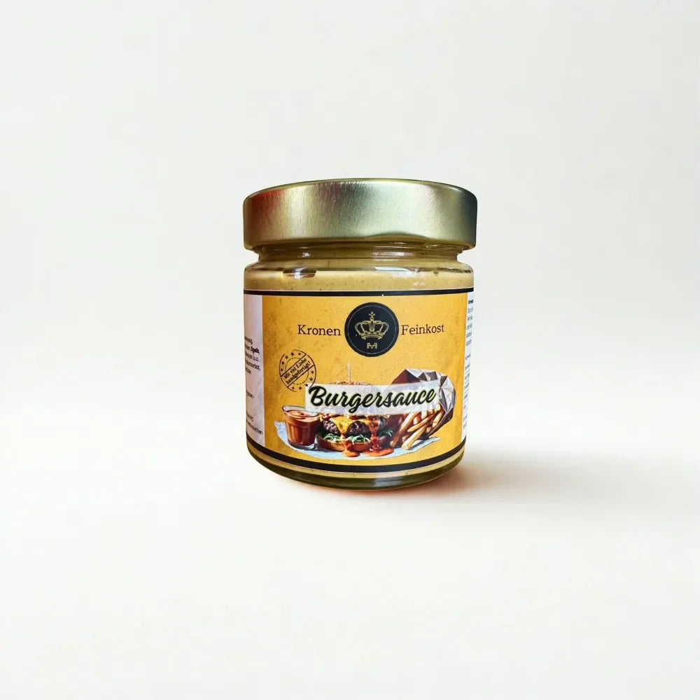Glasflasche mit cremiger, orangeroter Burgersauce von Kronenfeinkost.