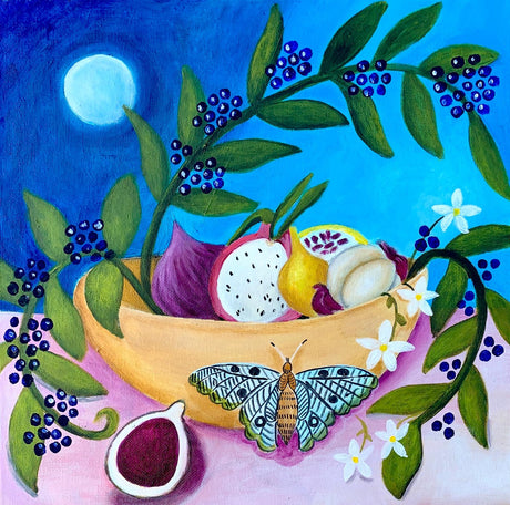 Acrylgemälde „Süße Früchte“ mit Obstkorb, Drachenfrucht, Pflaumen, Schmetterling und Mondlicht auf 40×40 cm Leinwand von Book Fairy Art