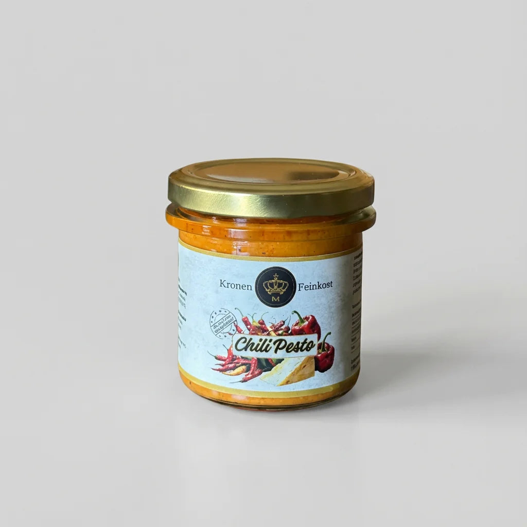 Ein Glas Chili Pesto von Kronenfeinkost mit leuchtend roter Farbe und sichtbaren Kräutern.