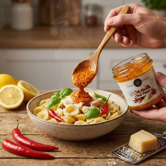 Ein Glas Chili Pesto von Kronenfeinkost mit leuchtend roter Farbe und sichtbaren Kräutern.