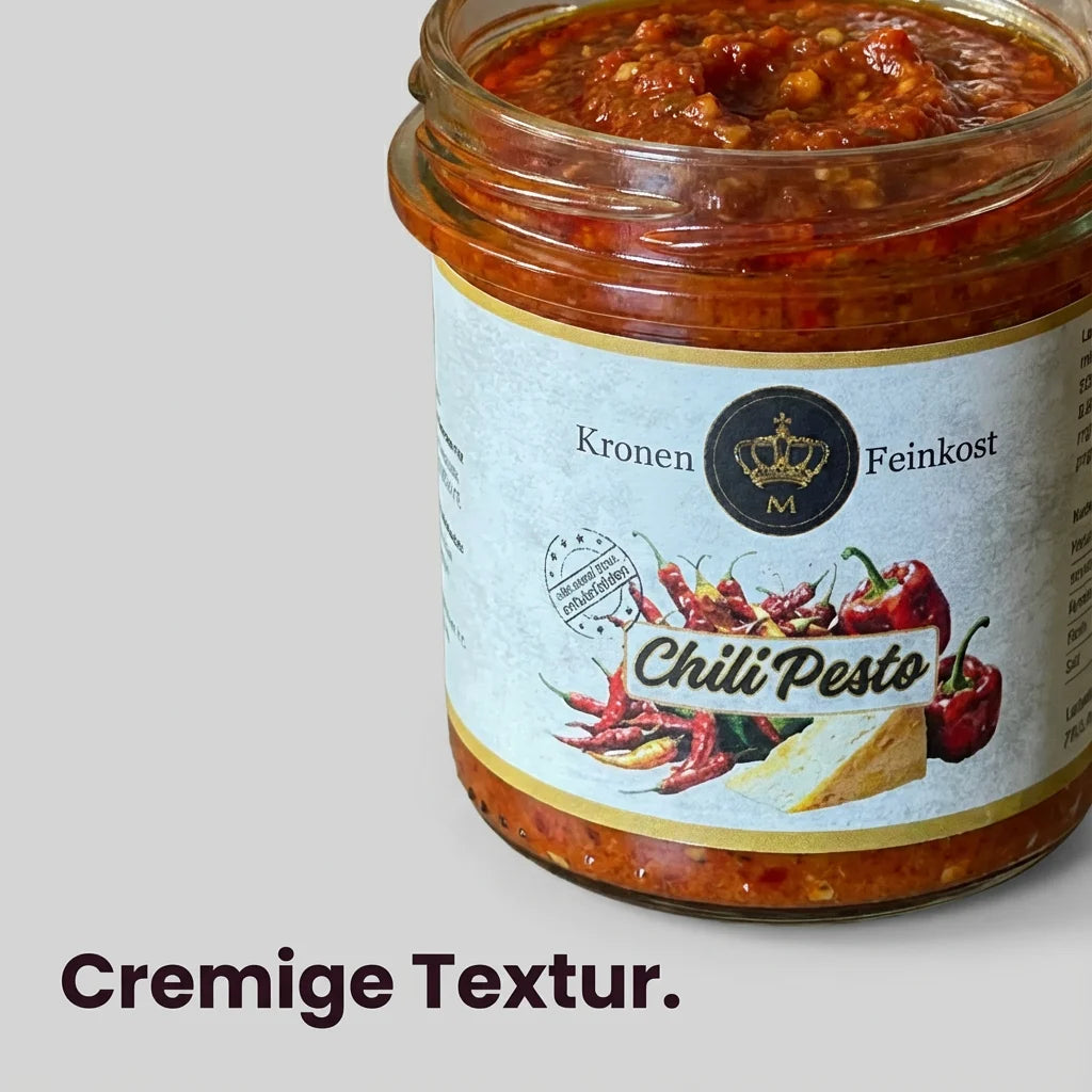 Ein Glas Chili Pesto von Kronenfeinkost mit leuchtend roter Farbe und sichtbaren Kräutern.