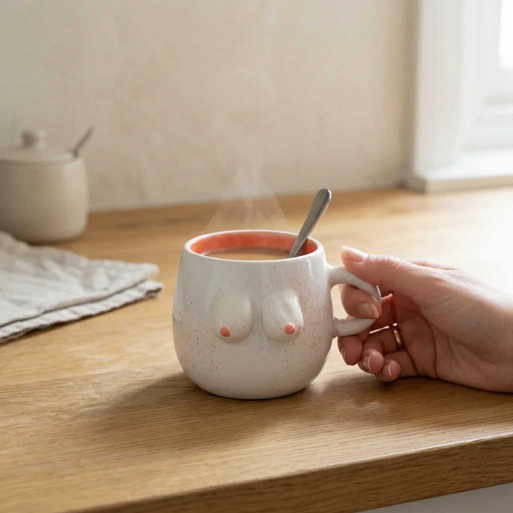 Weiße Keramiktasse mit rosa Sprenkelung und handgeformten Brüsten aus Keramik, Fassungsvermögen ca. 250 ml.