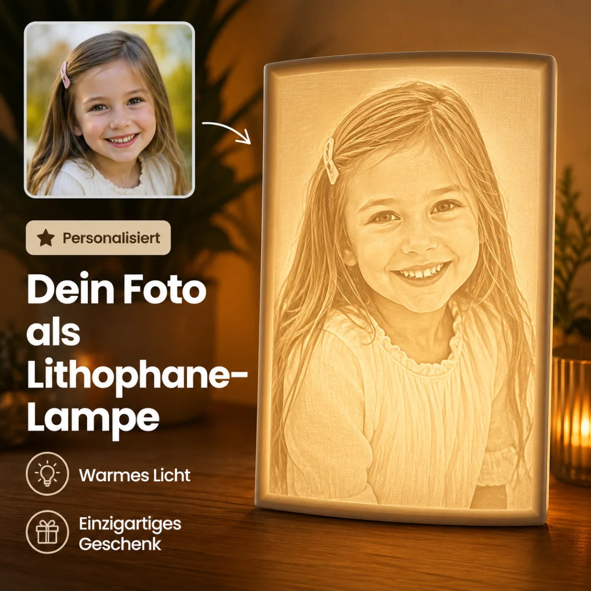 Rechteckiges Lithopan aus weißem 3D-Druck-Material mit reliefartiger Oberflächenstruktur, die ein Fotomotiv zeigt.