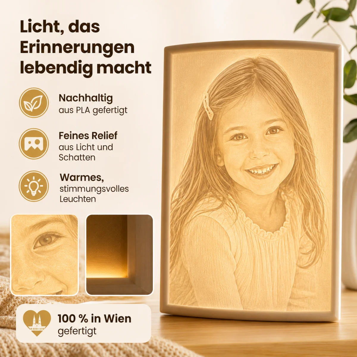 Rechteckiges Lithopan aus weißem 3D-Druck-Material mit reliefartiger Oberflächenstruktur, die ein Fotomotiv zeigt.