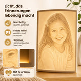 Rechteckiges Lithopan aus weißem 3D-Druck-Material mit reliefartiger Oberflächenstruktur, die ein Fotomotiv zeigt.