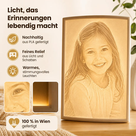 Rechteckiges Lithopan aus weißem 3D-Druck-Material mit reliefartiger Oberflächenstruktur, die ein Fotomotiv zeigt.