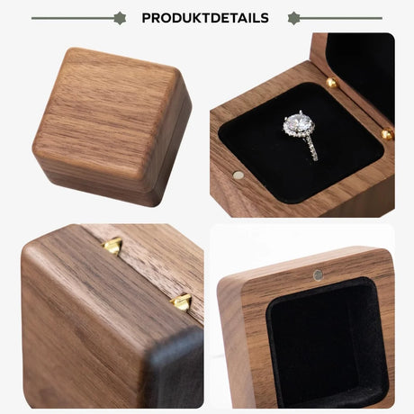 Quadratische Ringbox aus dunklem Walnussholz mit glänzender Oberfläche und schwarzer Samtausstattung im Inneren.