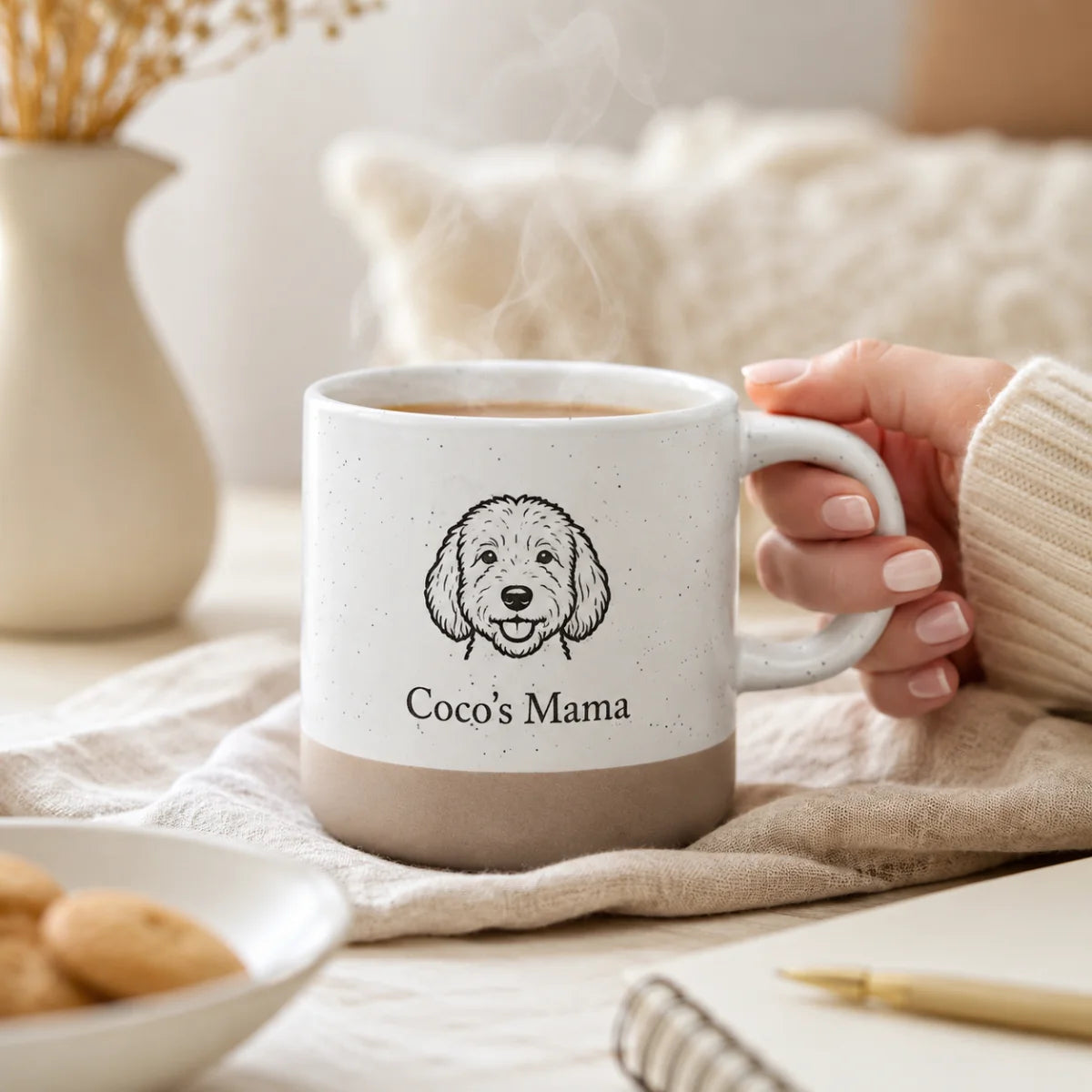 Weiß gesprenkelte Steingut Tasse mit farbig graviertem Wunschdesign und unglasiertem Boden.