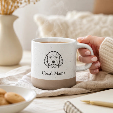 Weiß gesprenkelte Steingut Tasse mit farbig graviertem Wunschdesign und unglasiertem Boden.