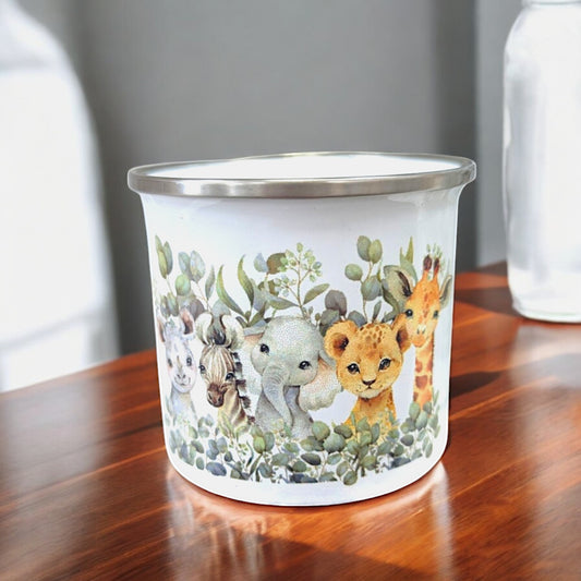 Handfolierte Kinder-Tasse aus Edelstahl von SabrinArtDesign, zwei Größen (250 ml & 350 ml), Tiermotive Nilpferd, Zebra, Elefant, Leopard & Giraffe, bruchsicher & nachhaltig.