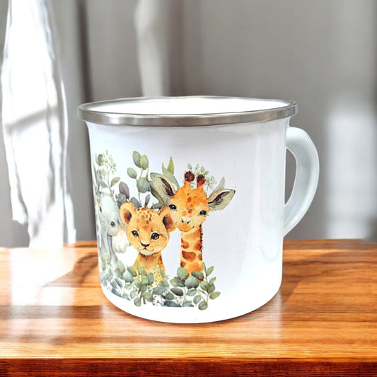 Handfolierte Kinder-Tasse aus Edelstahl von SabrinArtDesign, zwei Größen (250 ml & 350 ml), Tiermotive Nilpferd, Zebra, Elefant, Leopard & Giraffe, bruchsicher & nachhaltig.