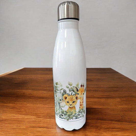 Handfolierte Edelstahl-Trinkflaschen mit Tiermotiven von SabrinArtDesign, 400 ml mit Trinkverschluss & Karabiner, 500 ml Thermosflasche mit Schraubverschluss, nachhaltige Alternative zu Plastikflaschen.