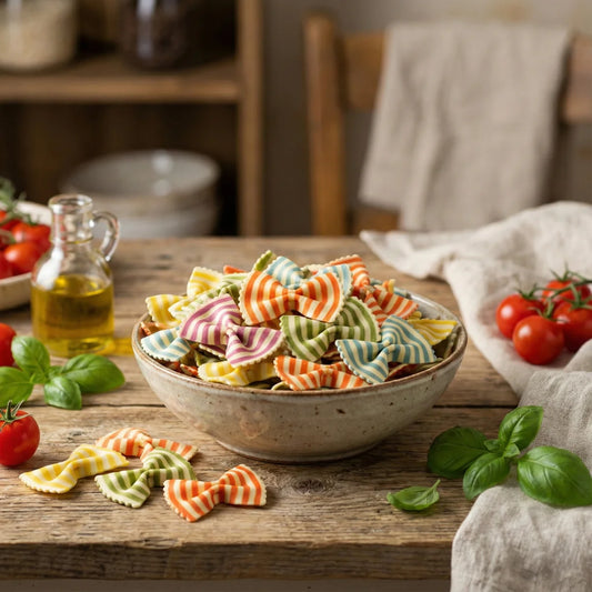 Bunte Farfalle Estive Pasta in einer Tüte, aus Hartweizen handgemacht.