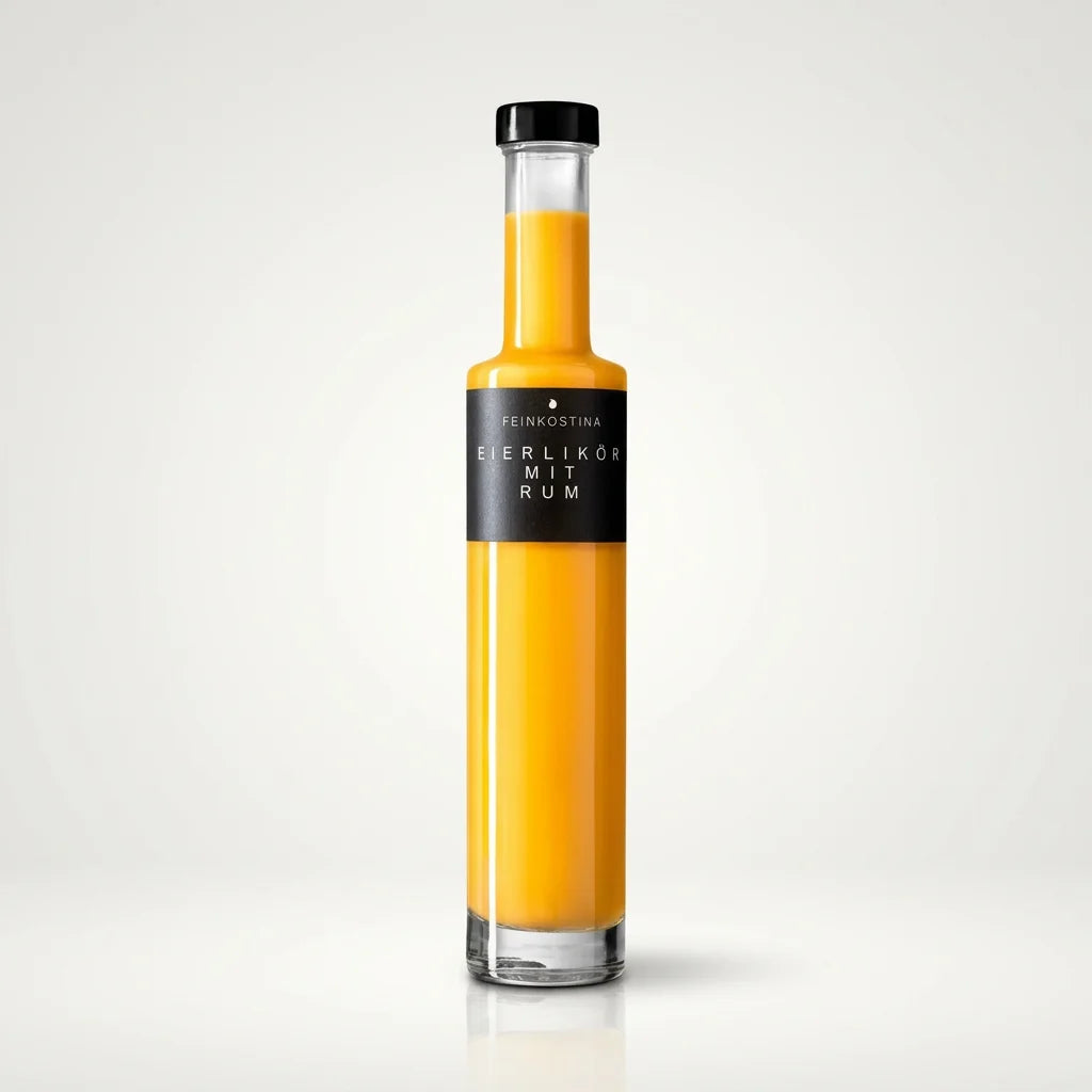 Flasche mit cremigem Eierlikör Rum Bombardino, 200 ml, dickflüssige hellgelbe Spirituose mit 15 Prozent Alkoholgehalt.