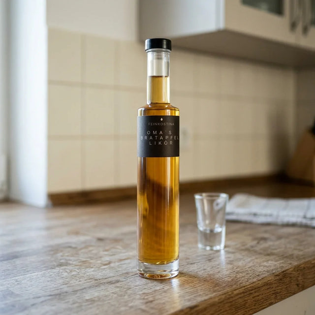 Flasche Bratapfel Likör von Feinkostina, 200 ml, mit bernsteinfarbener Flüssigkeit und winterlichem Etikett.